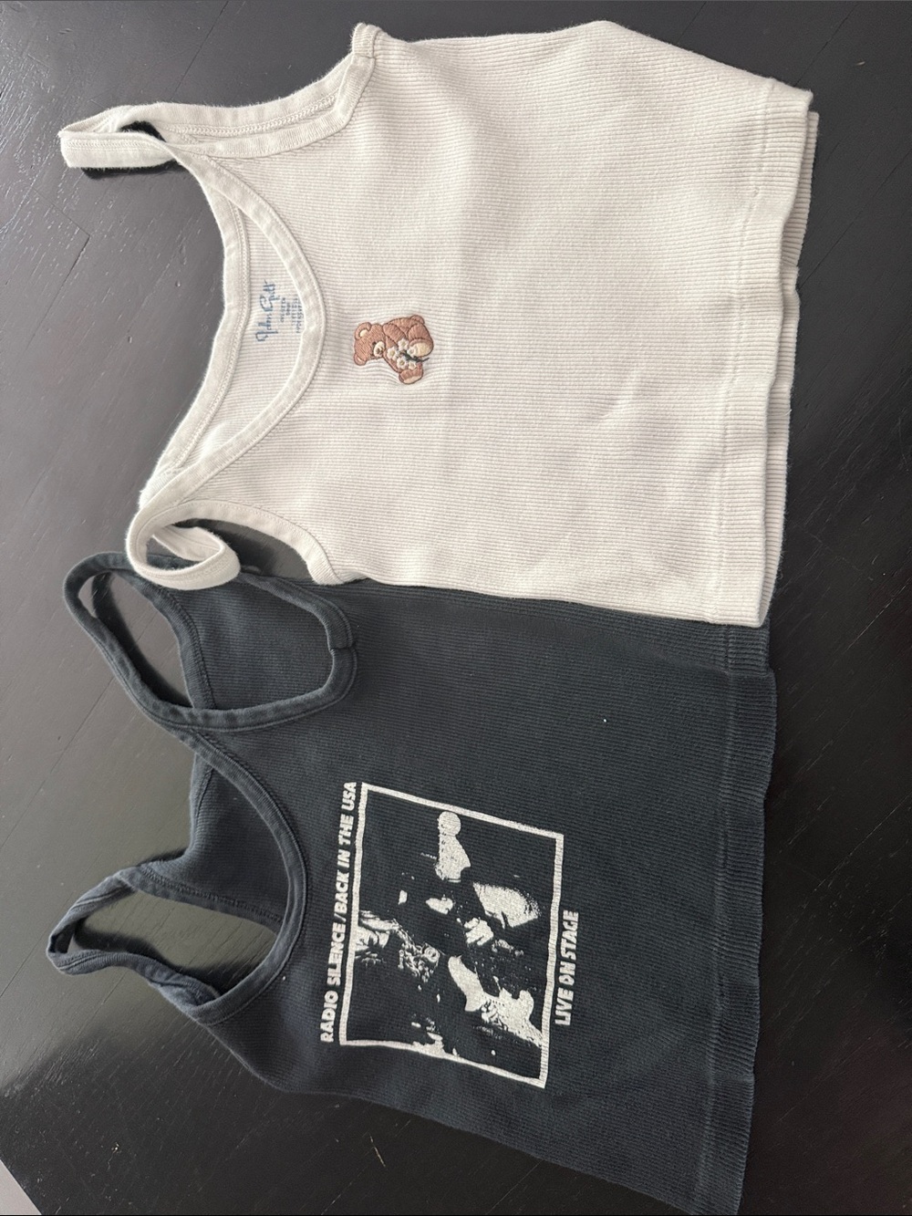 Brandy Melville White & Black Ribbed Tank Tops with Teddy Patch and Graphic